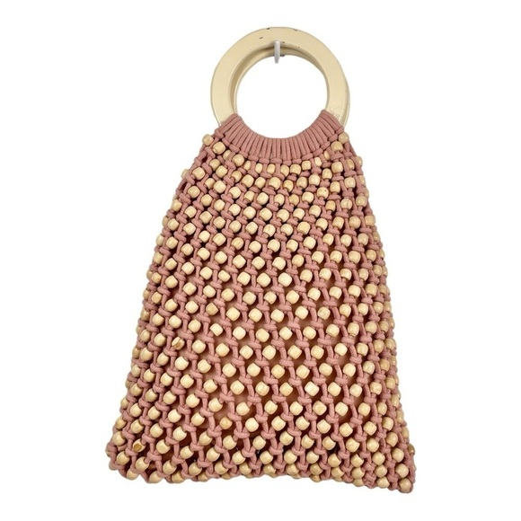 C&C California Pink Rope and Wooden Beaded Top Handle Bag - Picture 3 of 10